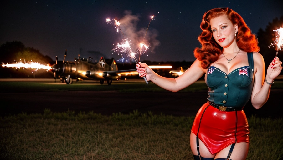 1940s era Pin up pose, 1940s era pin up outfit, long Legs, standing, thigh gap, legs showcased in photo, (thigh high seamed stockings), WWII B-17 bomber nose art, redhead wavy hair, (1940s era hairstyle), United States Patriotic scene, Red platform high heels, 40 years old, outdoors on a vintage WWII airfield, sexy pose, American flag themed dress, holding (a sparkler in hand), ((nighttime))