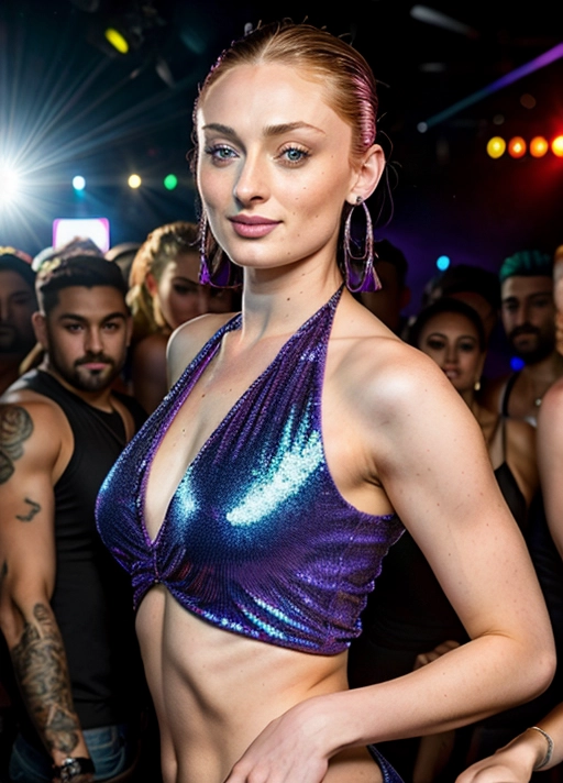 (Skinny nude naked sexy Sophie Turner:1.0),(purple sidecut undercut hair:1),
(accurate face, photorealistic face,perfect face,detailed face:1.27),
(standing in crowded nightclub, vivid disco lights:1.1),
(wearing glimmering red tank top:1.1),smile,
uncensored,
HDR, UHD, 64K,
Highly detailed,
Studio lighting,
Professional,
Unreal engine,
Vivid Colors
