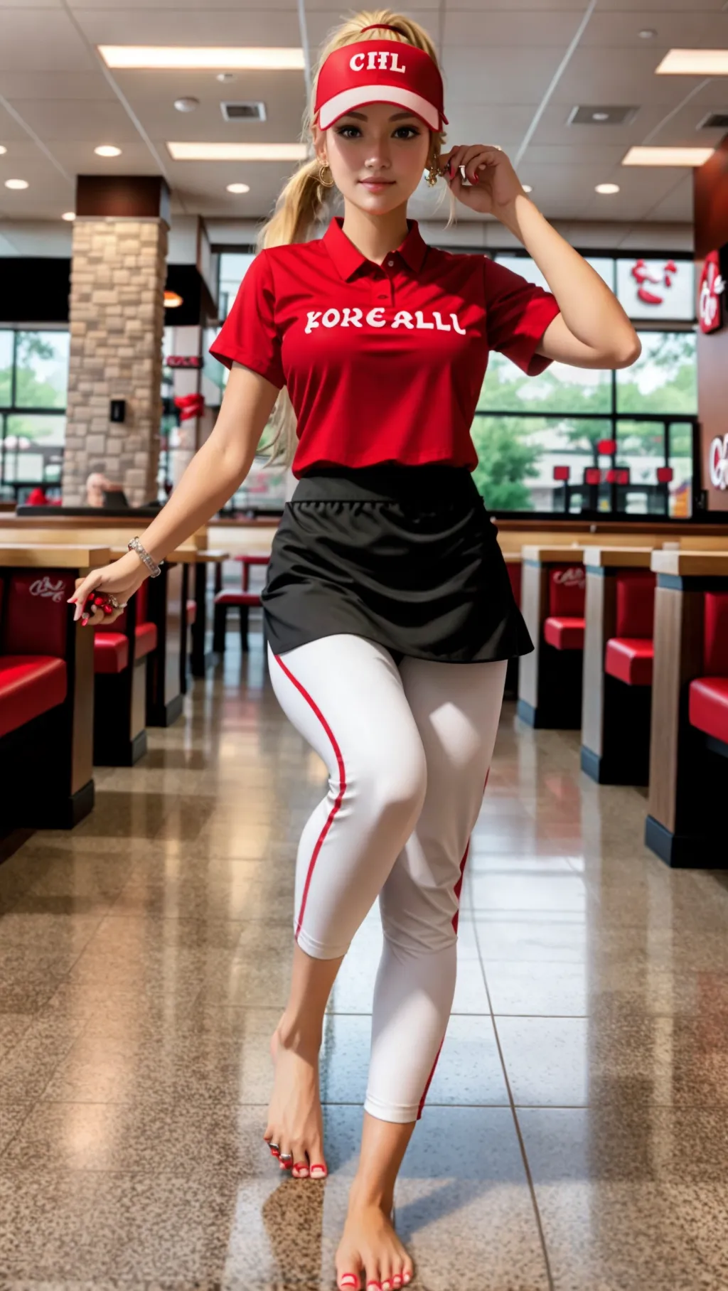 Dopamine Girl - full-body image, ultrarealistic image, hot young short  slender barefoot female Chick-fil-a employee with a long blond ponytail  wearing a Chick-fil-a employee uniform with a red shirt and long black