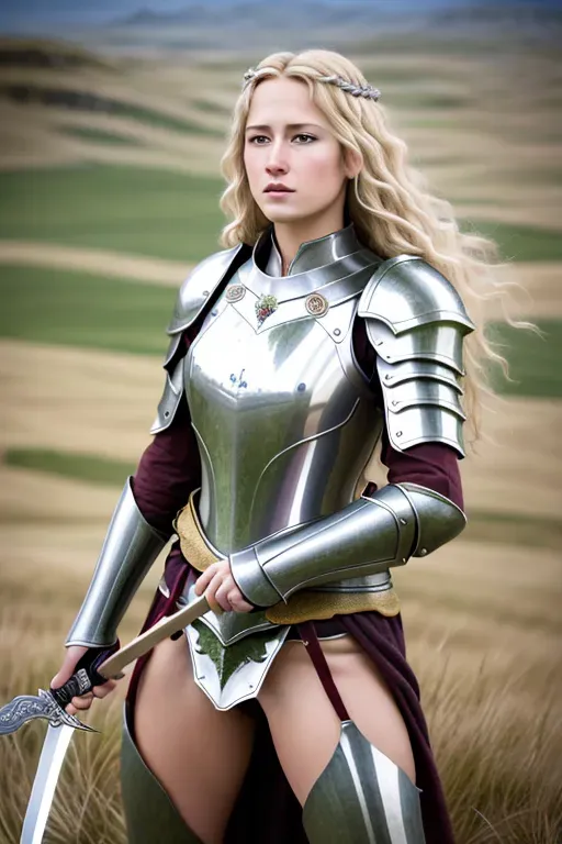 an hd photography of, Anna Falchi as Eowen, lord of the ring theme, blonde curly woman, long hair, windy hair, wearing an armor, handling a sword, large nipples, at rohan hills, second floor, corner view, artstatio, erotic,nsfw,editorial,highly detailed,sharp focus,ultra realistic, masterpiece, high detailed 8k photography