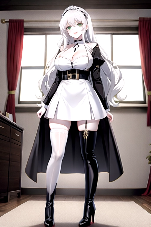 8k quality, green eyes, pale white skin, white hair, giant breasts, cleavage, looking at viewer, pov, long hair, wavy hair, full body photo, standing in living room, smiling, black minidress, high heels, thigh high boots, choker