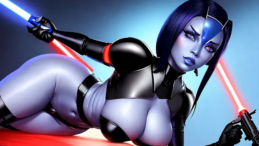 a photograph of, a female sexy Sith, twilek, blue skin color, full body, wearing black futuristic armor without helmet, holding darth vaders red lightsaber in her right hand, in a dark temple, with glowing orange iris five slender fingers, beautiful lips, curved eyebrows, curved eyelid, beautiful eyes, professional, ultra realistic,