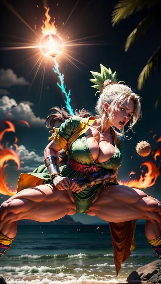 A digital art of, professional photograph, a beautiful woman is doing a Kamehameha on an island, bright green long hair standing on end, (((hands stretched for a Kamehameha))), (((hands of fire))), (shouting), (((wearing a namek outfit))), highly detailed eyes, perfect eyes, beautiful face, highly detailed face, perfect breast, perky tits, <lora:dpmg_add_detail:1.4>, sunny bright light, paradisiac shore, (Kame Sennin amazed in background), bokeh, five fingers per hand, cinematic composition, UHD, HDR, highest quality, highest resolution, (photorealist:1.2), (photorealism:1.2), (masterpiece:1.4)