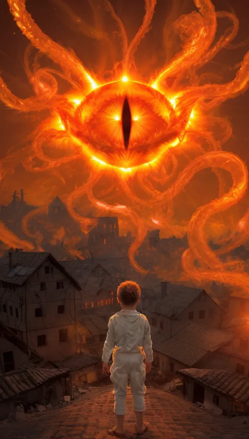 (the sun erupts with solar flares shaped like tendrils),
(The village beneath is on fire),
(A boy wearing white stares up at the eye in the sky),