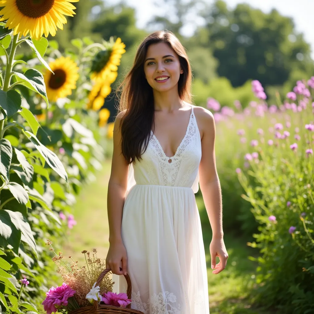 "Create an image of a stunning, 25-year-old young woman standing in a lush, sun-drenched garden on a warm summer day. The model should be dressed in a flowing white sundress with intricate lace details at the neckline and delicate floral patterns adorning the hem. Her long, dark hair should be loose and cascading down her back, with a few stray strands framing her heart-shaped face.
Her eyes are bright blue and sparkling with a radiant smile that showcases perfectly aligned teeth. She has a slender yet athletic build, standing confidently with one hand on her hip and the other holding a wicker basket overflowing with freshly picked flowers.
The background of the image should be teeming with vibrant colors and lush textures, featuring an assortment of blooming wildflowers, verdant foliage, and towering sunflowers that stretch towards the sky. The overall atmosphere should exude warmth, serenity, and carefree joy, capturing the essence of a perfect summer day.
In terms of composition, place the model at the center of the image, with her gaze directed upwards towards the vibrant flowers above. Use a shallow depth of field to emphasize the subject's beauty and blur the background slightly, creating a sense of intimacy and isolation.
The color palette should be predominantly pastel-hued, with shades of pale pink, lavender, and mint green dominating the scene. Accentuate the model's features with subtle golden highlights, giving her an ethereal glow that complements the soft colors around her."
This prompt aims to evoke a serene and idyllic atmosphere, capturing the beauty and vitality of the young woman in the midst of a stunning natural setting.