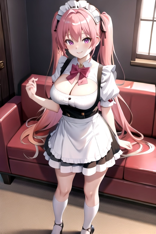 8k quality, pink eyes, pale white skin, orange hair, giant breasts, cleavage, looking at viewer, pov, long hair, wavy hair, full body photo, standing in living room, smiling, maid outfit, miniskirt, asian, pigtails, high heels