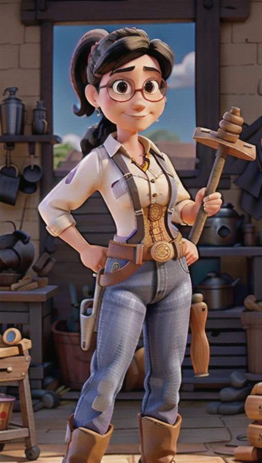A mature cowgirl in a blacksmith workshop wearing Jessie from Toy Story clothes and holding a hammer, black hair, pony tail, glasses, black eyes, tall