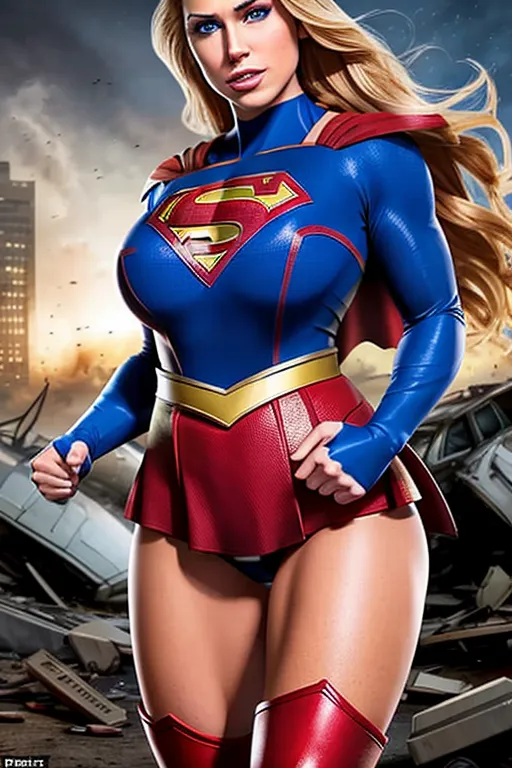 a realistic close up of beautiful teen Supergirl with gargantuan breasts and sexy eyes using her superstrength with full power to lift battletank wreckage, IFBB reality, real life proportions, fantastic superpower effects