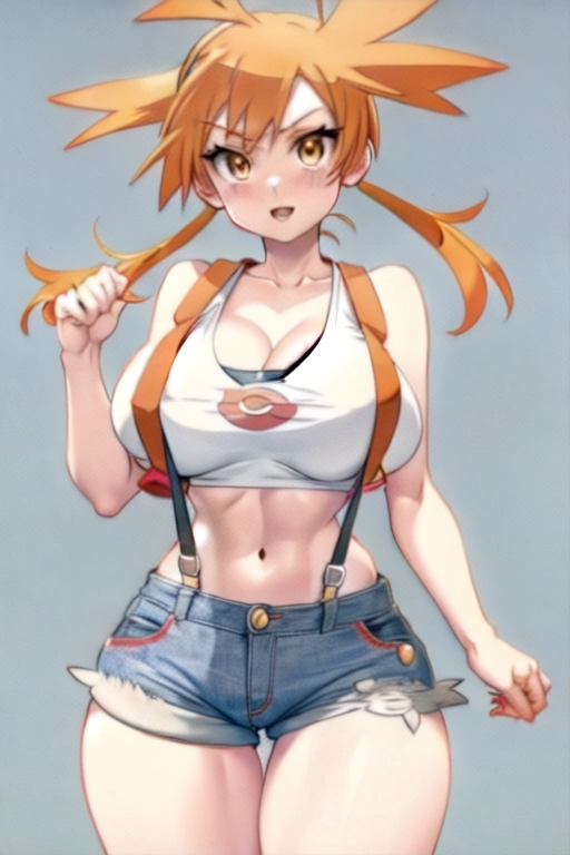 ((Pokemon Misty)). Red Suspenders. ((yellow crop top.)) Tiny jean shorts. ((Orange hair pigtails)). Sexy. Cleavage. Curvy. Big tits. Huge breasts. Massive hips. Thick thighs. (((Bimbo)))
<lora:dpmg_better_bodies:0.1>,
Best quality. 8k. Masterpiece.