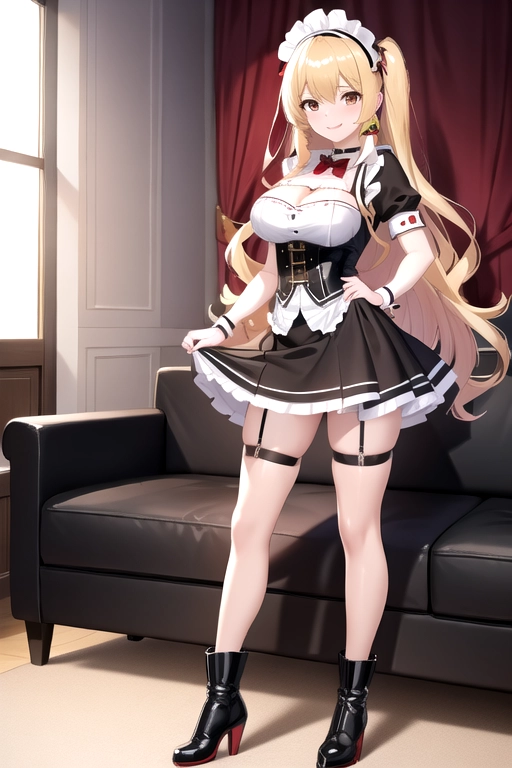 long hair, pale skin, blonde hair, brown eyes, black choker, giant H-cup breasts, wavy hair, black maid uniform, smiling, full body photo, 28 years old, miniskirt, cleavage, high heels, red corset, 8k quality, red boots, in living room