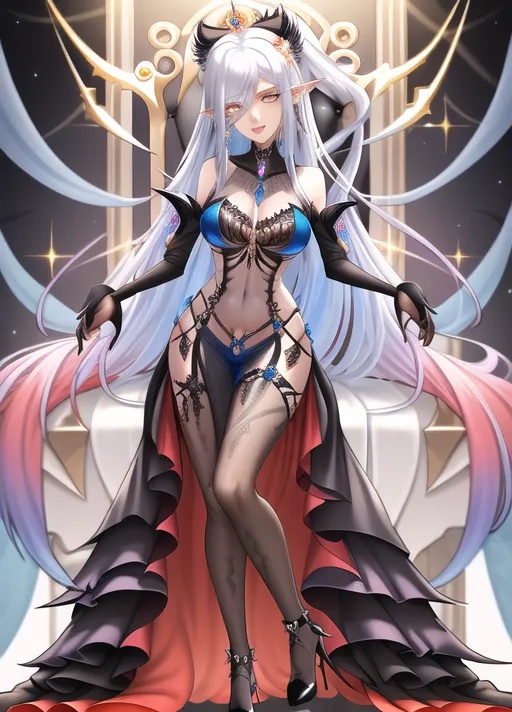 ((Evil)) fey sorcerer queen, with crazy manic expression, smiling, (posed seductively) on a throne made of ice, ruling over the winter court of fey, wearing transparent revealing two piece blue dress, transparent clothing, exposed naval, see through clothes, sheer clothing, crop top,<lora:dpmg_fantasy_armor:0.25>, (functionally nude), pretty face, long smooth hair, multi colored hair, wide hips, long legs, (perky breats), feminine facial features, eye shadow, mascara, two tone hair, ((punk style)), white blue ombre hair,
(Eyelash extensions), winged eyeliner, black lipstick, narrow waist, ((hourglass figure)), beautiful face, pretty eyes, ((feline pupil)), pointed ears, long elf ears, big breasts, plump lips, high quality image, long acrylic nails, big eyes, crown, jewlery, body gemstones,
((Smiling with malicious confidence)), ((manic expression)), (((crazy expression))),((<lora:dpmg_crazy_expression:1>)) ,
Excellent lighting, high quality,
(((Full body veiw))),