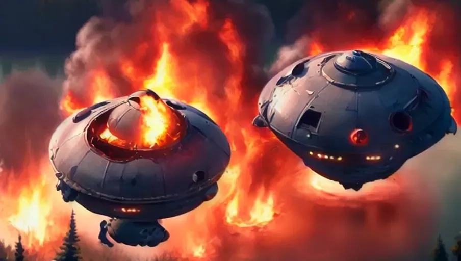 ((Masterpiece of photorealism, digital painting style)), (Top view of small detailed ufo on fire, daytime crash-landing in water lake alien crash site) (realistic color correction)