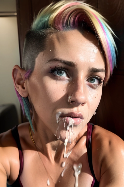 (Hypnotized), (photo realistic:1.37), (magazine photoshoot), <lora:PN7xrGpnVMg_Ashley:0.85>, (fitness_slut:1.3), (female, gorgeous, flat chest:1.3), glistening skin, ruined makeup, (((rainbow hair, undercut tomboy hair, messy hair))), (fantasy setting, nighttime), (dark lighting, creepy), (she is nude), (angry expression:1.2),
(((close-up, she is deepthroating a man, side view blowjob, dpmg_side_deepthroat_v1))), (((cum leaking from the corner of her mouth, dripping cum, (cum leaking from her nose:1.1), vile cum:1.4))), (realistic hands holding her head down), perfect hands and fingers, (young skin, smooth skin:1.3),
(best quality), <lora:dpmg_add_detail:0.5>, beautiful,(high resolution), (((masterpiece))), (uhd), (8k), (((real))),