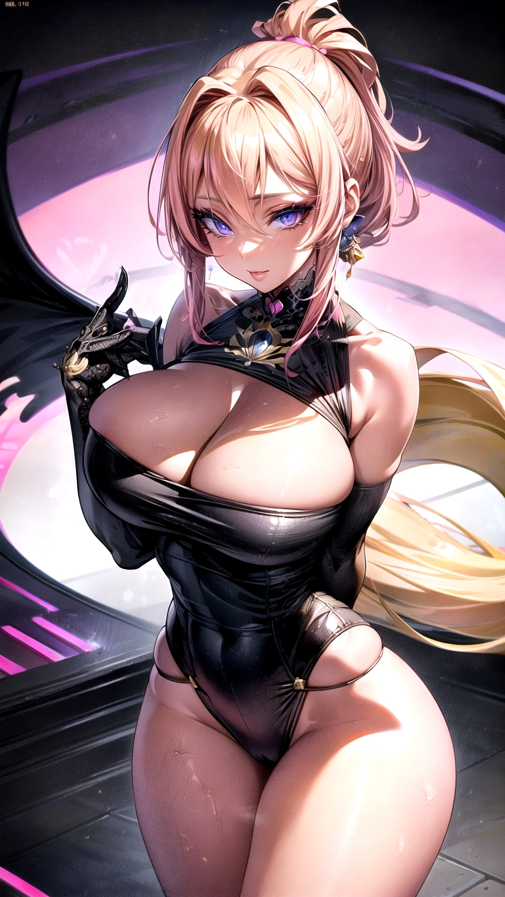 Beautiful, masterpiece, hyper detailed, high quality, (64K resolution), (HDR), (UHD), cinematic lighting, ((royal palace background)), (1girl), female focused, extreme face detail,
A young voluptuous woman) wearing a black dress with a (short ponytail), ((gigantic boobs)), leather belt, (slight cleavage), athletic body, shy, shy personality, submissive eyes, (((absolutely massive breasts))), skinny waist, (long eyelashes), ((wide hips)), golden blonde hair, ((bright pink eyes)), perfect eyes, ((((hyper detailed eyes)))),<lora:dpmg_add_detail:1>, <lora:short_dress_b:1>
