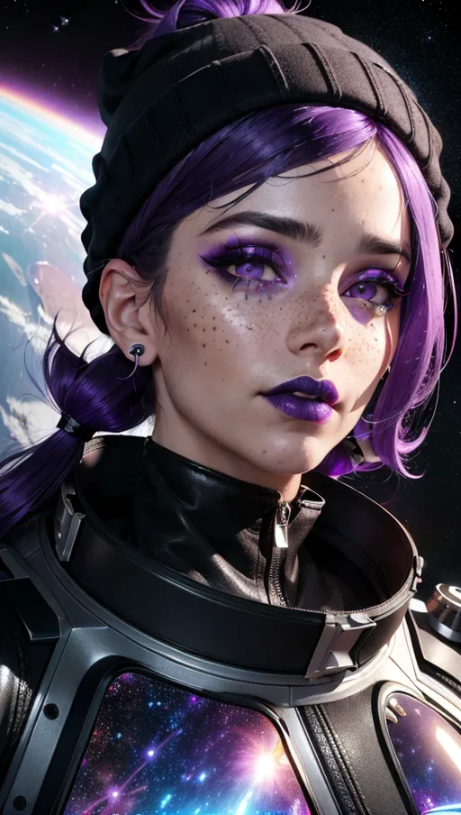 photorealistic, 8k, accurate face, (((detailed face))), (((replicate inspiration face))), freckles, black lipstick, wearing black beanie, collar, purple hair,
wearing a space suit, holding a ray gun,
wallpaper, high fidelity, floating in space, cosmic galaxy,