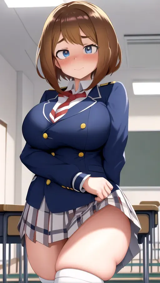 In the style of my hero Academia, 1girl, Ochaco Uraraka, school uniform, sexy, giant sagging breasts, oversized tits, sagy tits, short brown hair, blue eyes, crouded, classroom, nervous,
