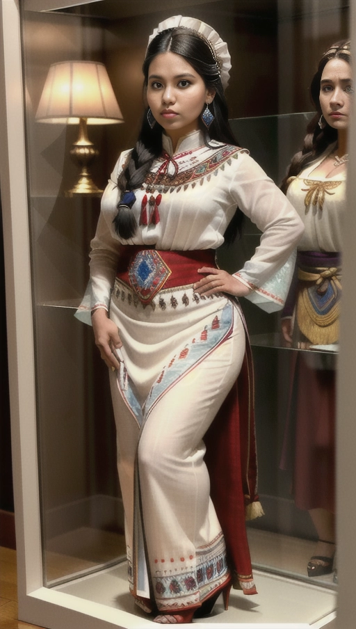 The woman was frozen in time, She wore traditional Guatemalan clothing that accentuated her large natural breasts and wide hips, along with a pair of high heels. The woman is Latin American. She is inside a glass display case exposed for sale. The setting is in a white-walled room evenly lit by white lighting. Despite being overweight, she still looks attractive. The image should showcase the womans ample figure within the glass display case. Her facial expression should be neutral, with eyes fixed on the camera but without any emotions. (((full body view, full body photo)))), ((full body view)), ((breasts large natural)), ((overweight)), (((hyperrealistic))),
Masterpiece,
perfect edges,
ultra realistic,
perfect anatomy,
realistic skin texture