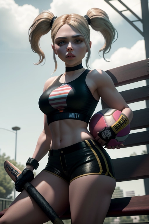 64k, 3d, photorealistic, HDR, masterpiece, Chloe Grace Moretz, wearing too tight micro mini hot pants, bare midriff, pigtails, holding a ball bat, with a bad attitude, standing on a park bench
