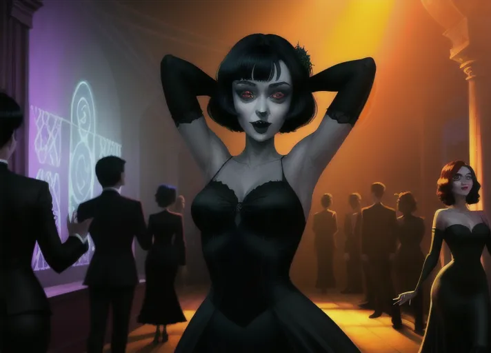 two ladies in a dark atmospheric modern goth nightclub, Dakota Fanning as Mavis Dracula of Hotel Transylvania in tight black revealing attire and hypnotic red glowing eyes, dancing the night away with beautiful good auburn haired Elizabeth Lail as Anna of Arendelle in a modest light green royal gown. Photorealistic, b-horror film screencap,