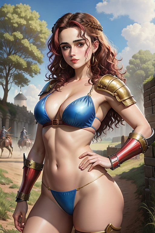 Colour painting of Helena Bonham Carter, aged 18, fighting on a War field, sexy mediaeval bikini armour,((bare thighs)), smooth skin, brunette hair, slim beautiful body,((detailed fantasy 16th century battle scene)),(detailed skin features),(detailed face features), (detailed body features), beautiful eyes,