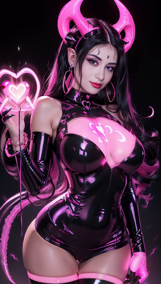 best quality, (((ultra high res))), (((detailed face and eyes))), (perfect face), (big shining heart choker), earrings, jewelry, (((big glowing succubus mark))), ((((big glowing succubus bodymark)))), (((conjuring))), (witch), ((long voluminous hair)), (((latex gloves))), ((black hair)), (((golden bracelet))), (((huge hair cuff))), (((pink skintight neckholder dress))), (((pink glowing dress))), ((face closeup)), (lipstick), (((neckholder))), ((((demon tail)))), ((black long sleeves)), ((purple glowing heart)), (((big cameltoe))), (((demon mark))), heart on womb, (((((bright pink glowing skin tone))))), (((straight black hair))), ((pink glowing clothes)), ((huge boobs)), ((luminescent))