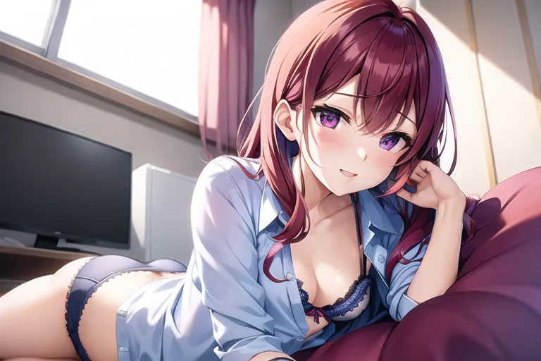 Woman laying on a bed curled up, small breasts, cute panties, cute blue bra, medium red hair, oversized button up shirt, detailed purple eyes