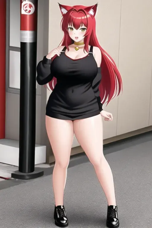 17 years old, cat girl, red hair, curvy, mature, bored expression, standing