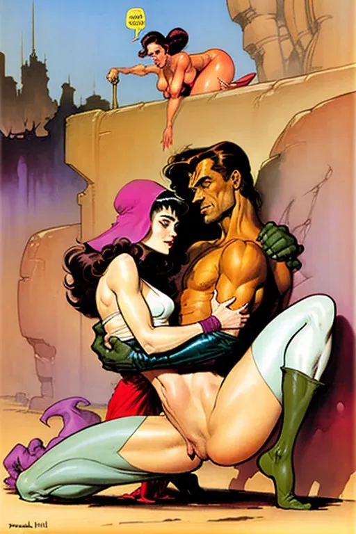 characters having sex in flexible position by Frank Frazetta, Milo Manara, Moebius, Enki Bilal