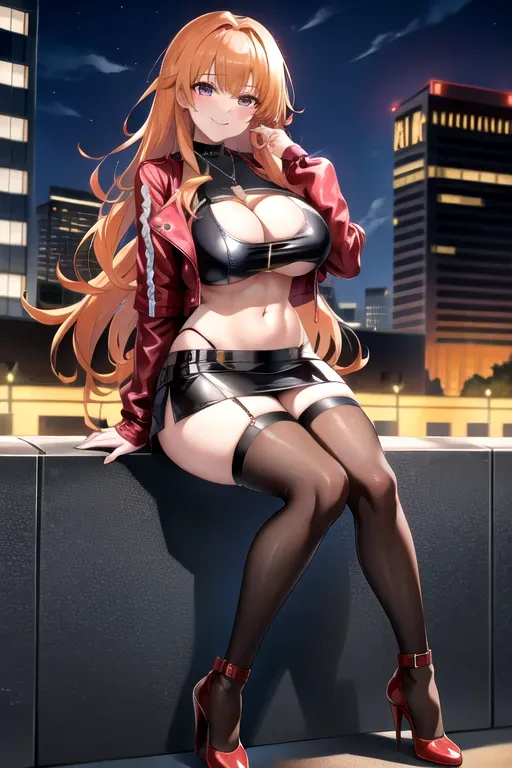 full body, strawberry blonde hair, brown eyes, short girl, red miniskirt, black high heels, looking at viewer, long hair, pale skin, silver necklace, black crop top, 24 years old, giant breasts, cute face, pov, wavy hair, city environment, Oklahoma City, wide eyes, erotic, skirt tug, leather jacket, nighttime, black backpack, slim body, sitting on wall, smiling, cleavage, f-cup breasts