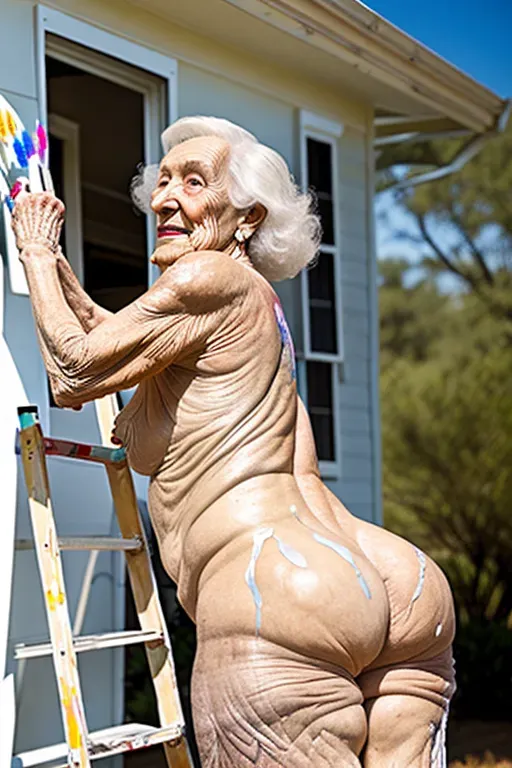 (great grandmother),(85 year old),(wrinkled skin),(naked),outside, (holding paint brush),(on ladder),(painting house), bent over, showing ass