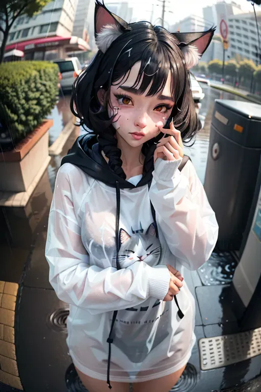 A cat girl, furry, anthropomorphic, in the rain, wet clothes, wet, embarrassed, accidental, fully clothed, white clothes, adorable, cute, very detailed face, ((fish eye lens)), aesthetic, cool, sexy, over 20 years old, heart drawn on cheek