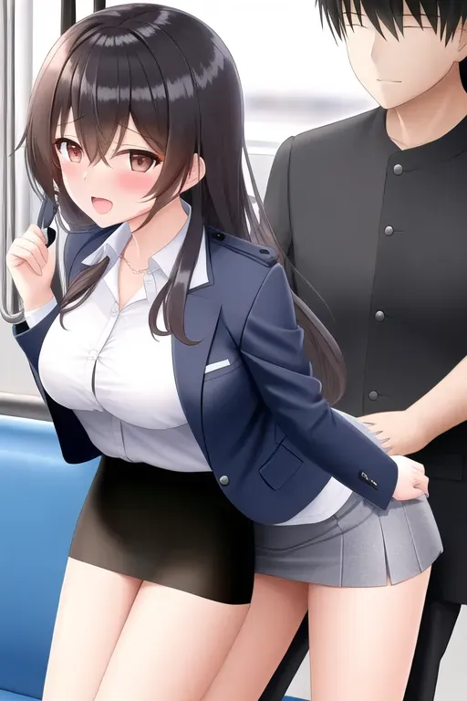 a girl wearing a miniskirt,on a train,being molested from behind by a futanari