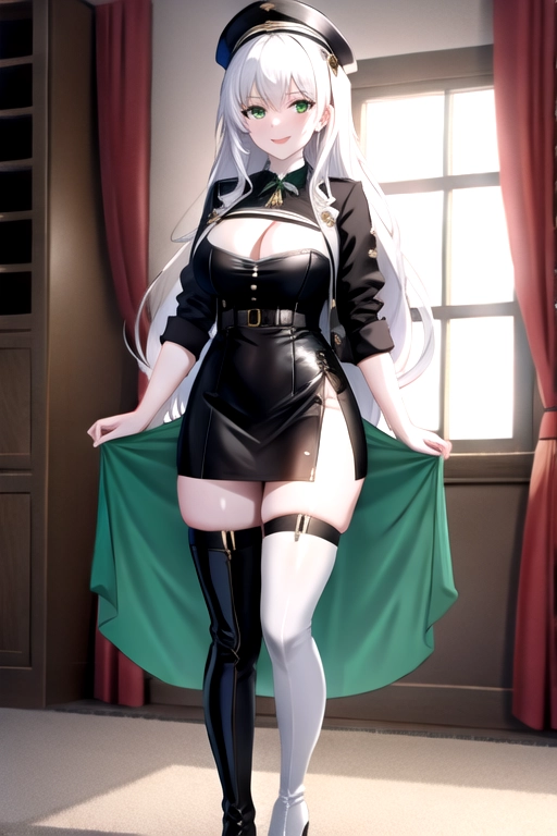 8k quality, green eyes, pale white skin, white hair, giant breasts, cleavage, looking at viewer, pov, long hair, wavy hair, full body photo, standing in living room, smiling, black minidress, miniskirt, high heels, thigh high boots
