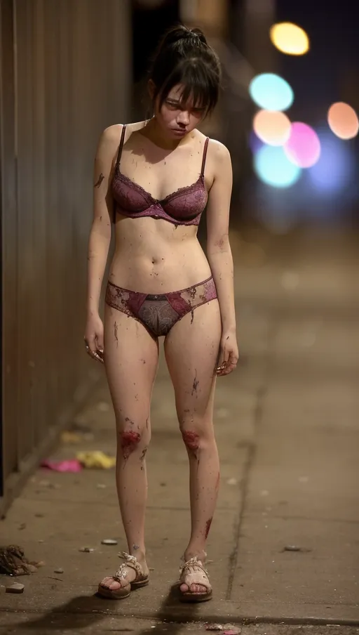 sad, lonely, in a dirty alley, homeless, abusive boyfriend, neglected, (((bruised))), (((beaten))), (((bokeh 1.5))), ((((masterpiece)))), ((((highly detailed)))), Full body image, looking at viewer, (((begging for mercy))), (((dirty underwear 1.5)))