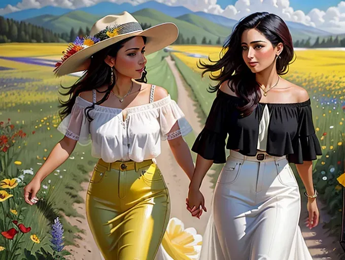 Expressive oil painting of two beautiful intimate lesbian lovers Latina women in love, walking and holding hands, in a field of wildflowers, vivid colors and bold brushstrokes, full body portrait, whole body in picture, off center composition
