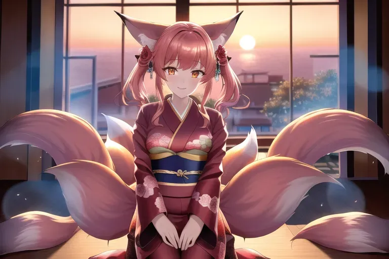 ultrawide shot, 20 year old, a nine-tail fox, insanely beautiful, kimono, rose gold, university, sunset, indoor lights, happy, 8k, professional