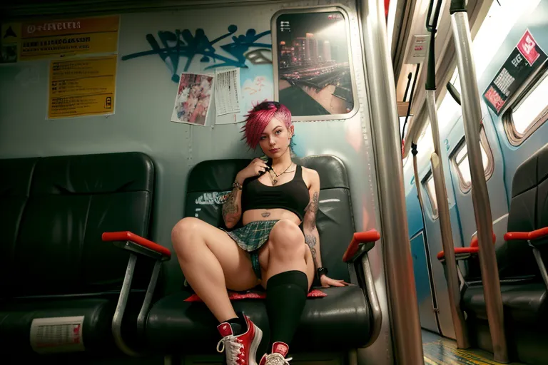 pov, high definition, photo realistic, (legs closer together), volumetric lighting, wide shot, see full person, further away from camera, ((sat opposite) a punk girl on the train), sat in train seat with window behind, wearing a short plaid skirt, short dyed hair, tattoos, cleavage, punky denim jacket, tattered tank top, (her legs are spread), (can see her pussy), see between her legs, (no underwear), (night), (night time cityscape), (graffiti on walls), (graffiti on chairs), dark, run-down train, dystopia, cyberpunk feel, dirty floor, dim lighting, voyeur, <lora:dpmg_upshirt:1>