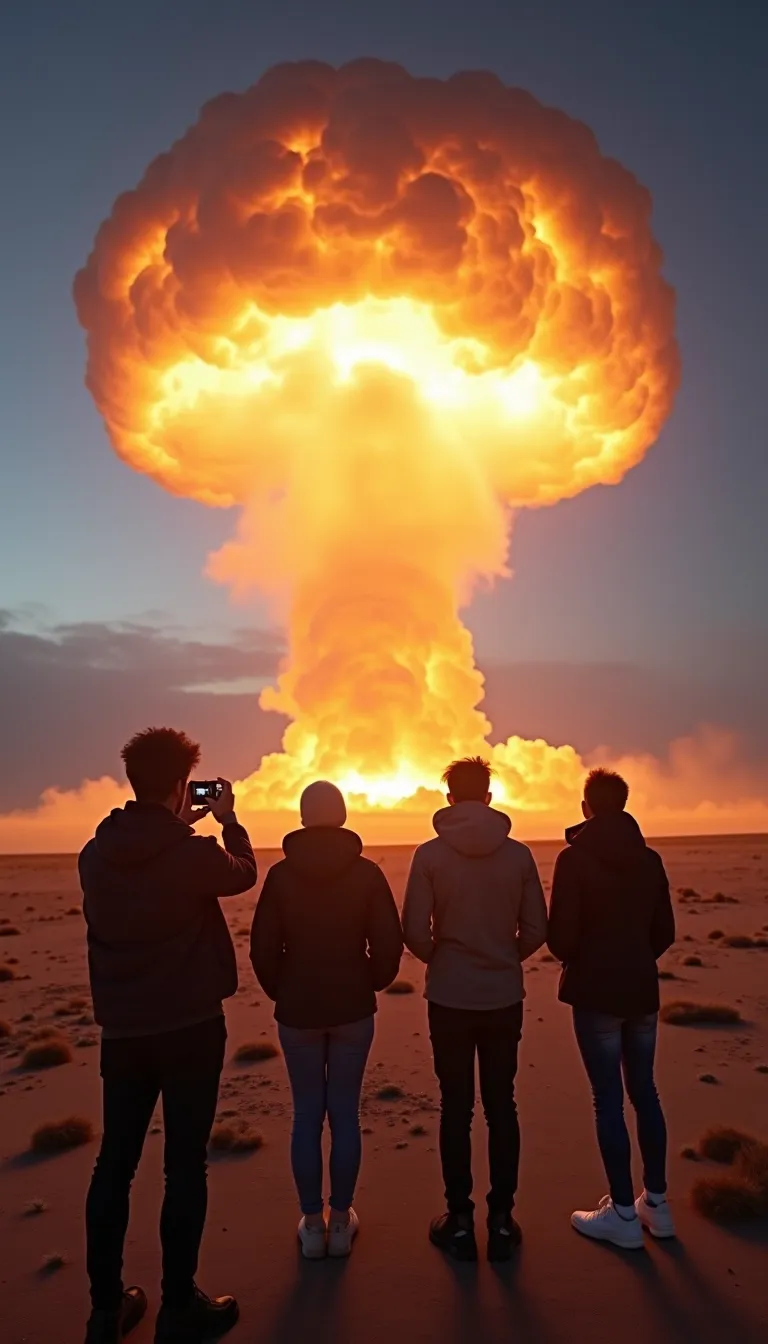 a video of a nuclear mushroom cloud while influencers film themselves for social media and pose in front of it, selfie POV