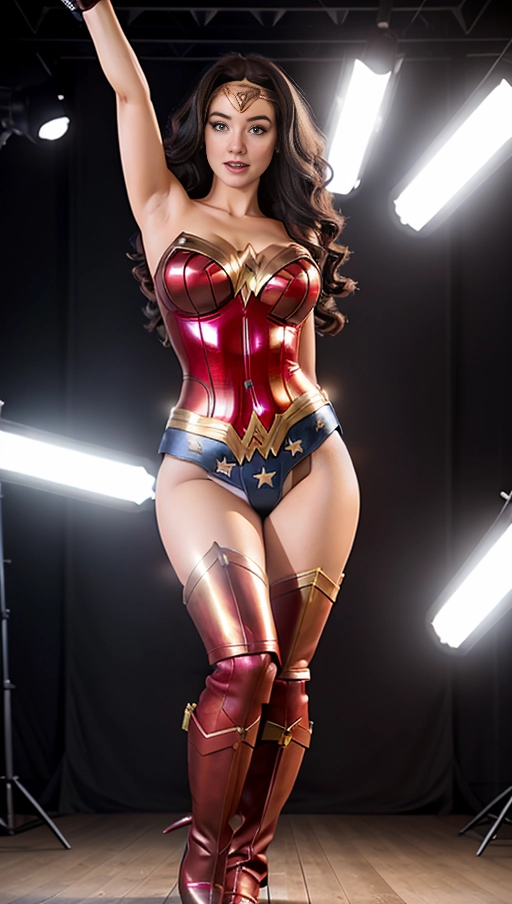a digital painting of,doing sexy pose,indoor,natural breasts,five fingers per hand,fishtail hair,beautiful face,beautiful lips,detailed large eyes,curved eyebrows,studio lighting,smooth,8k,bokeh,cgsociety,wonder woman cosplay massive thighs,massive huge breasts,on the ground on knees,gravity too strong