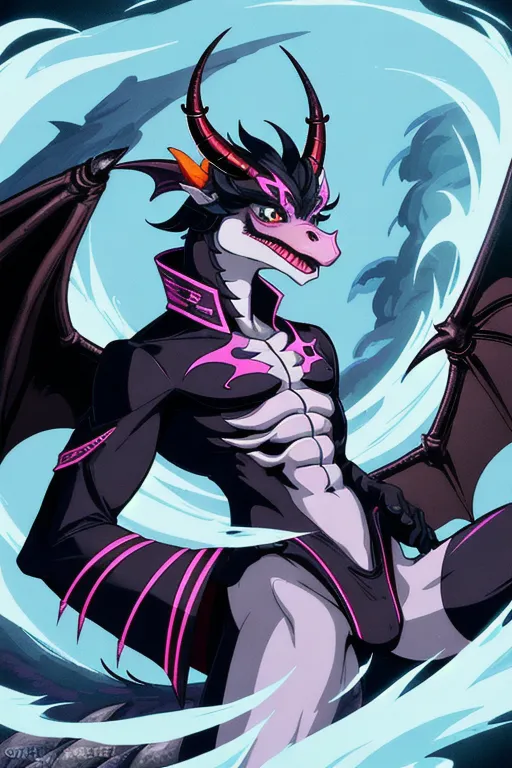 A male anthropomorphic dragon that has a medium snout and two bright green cocks he has a vertical black stripe in the middle of his whole body that fades outward into yellow and then fades into green.