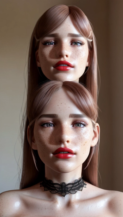 photorealistic, 8k, accurate face, (((detailed face))), (((replicate inspiration face))), full figure shot,freckles, scar,shining eyes, female face, cute, 21 years old gorgeous,luxuriously long hair, crimson lipstick,bangs,naked,large breasts, white lace bow, red choker