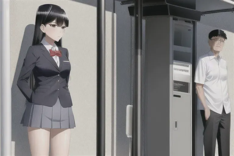 a highly detailed photo of, Komi shouko from komi cant communicate Standing beside bus stop beside her is an old man that has a huge bulge