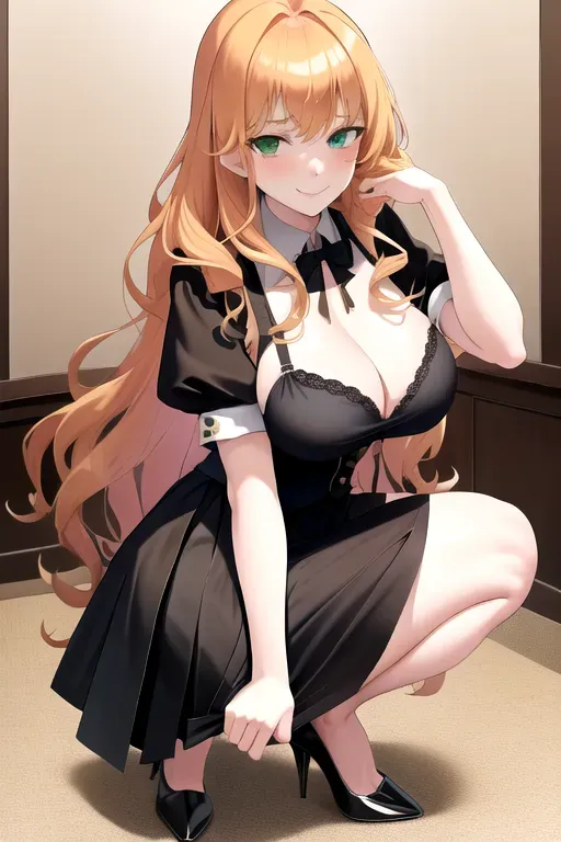 <lora:dpmg_skirt_tug:1>, 1girl, clothes tug, strawberry blonde hair, green eyes, black maid uniform, bar, pale skin, giant breasts, high heels, serving drinks, long hair, wavy hair, masterpiece, best quality, highly detailed, smiling, pov, looking at viewer, miniskirt, showing cleavage, realistic, erotic, squatting