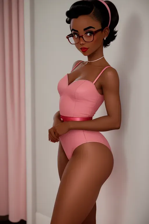 1950s Housewife, milf, in her 30s, petite, small breasts, thin waist, petite thighs, thick ass, filthy un-wiped anus, small feet, standing, bottomless, throbbing pussy, aroused clit, dark skin african race, medium hair, thick eyebrows, wide brown eyes, glasses, small nose, strong cheek bones, soft cheeks, red full lips, in pleasure, pink dress, pink panties, submissive, shy, weak, holding a Bible, 1950s, high definition, great lighting, 4k quality.