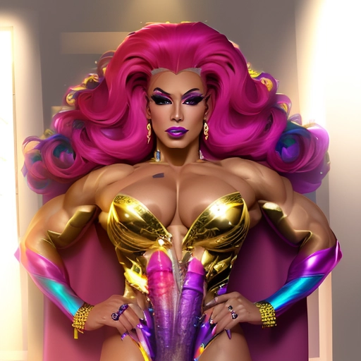 hyper muscular drag queen, perfect face, perfect makeup, extreme makeup, god rays, vivid colors, large jawline, volumetric lighting, sexy dress, extreme muscles, hyper muscles, large vieny muscles, large viens, large thighs, portrait, full body portrait, Drag queen, shemale, dragqueen, large cock between legs, extremely large cock, extreme make-up, drag queen makeup, large breasts, lexica style, ru paul, ultra realistic, volumetric shading, hyper realistic, extreme colors, perfect mouth, plump lips, botox, extreme botox