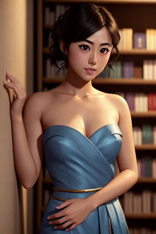 a illustration of,haruka fukuhara,naked,leaning against the wall,at the bookstore,small breasts,five fingers per hand,wavy curtain bang,gorgeous face,beautiful lips,blue eyes,curved eyebrows,textured skin,peaceful,wearing golden ring,artstation,cinematic lighting,unreal engine,studio lighting,cgsociety