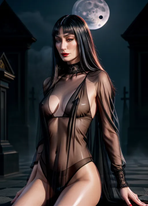 A (fullbody shot) (wide-angle shot) of a standing (Anjelica Huston circa 1990) as Morticia Addams, goth look, (wearing a sheer black (see-through:1.3) floor-length pencil-dress neglige), (visible nipples and pubic hair:1.3), wearing sheer black panties, wearing black strapped stiletto heels, pale skin, blood red lipstick, (black nail polish), black eye shadow, raven-black hair, a single red rose between her teeth, (in a misty cemetary at night), with light from a (large full moon:1.3), neo-noir style, cgstation,
(<lora:dpmg_add_detail:0.95>), (four anatomically-correct pretty fingers and one proportional opposable thumb per visible hand:1.3), (beautiful symmetric detailed glossy eyes:1.3), beautiful lips, curved eyebrows, detailed face, detailed textured skin, realistic detailed hair, pretty teeth, skin pores, pretty realistic feet, (pretty symmetric realistic eyes), realistic teeth, realistic mouth, bushy pubic hair, realistic skin color, realistic skin tone,realistic hair color, realistic hair tone, five pretty realistic toes,
(8k RAW photo), (best quality), (masterpiece:1.3), (photorealistic), studio lighting, rim lighting, hair highlighted, UHD, Nikon Z5, (35-80mm zoom lens), (zoom out), f2.8, sharp focus, tack sharp, dof, film grain, Fujifilm XT3, (bokeh), dramatic lighting, rim lighting, subsurface scattering, volumetric lighting, focused, intricate detailed background, dramatic pose, dramatic pov, dramatic angle, dramatic lighting, cinematic composition, (cinematic lighting), HDR, (highest quality:1.8), highest resolution, (photo-realistic:1.72),
--s 250, --v 5.2, --A k_dpm_2,