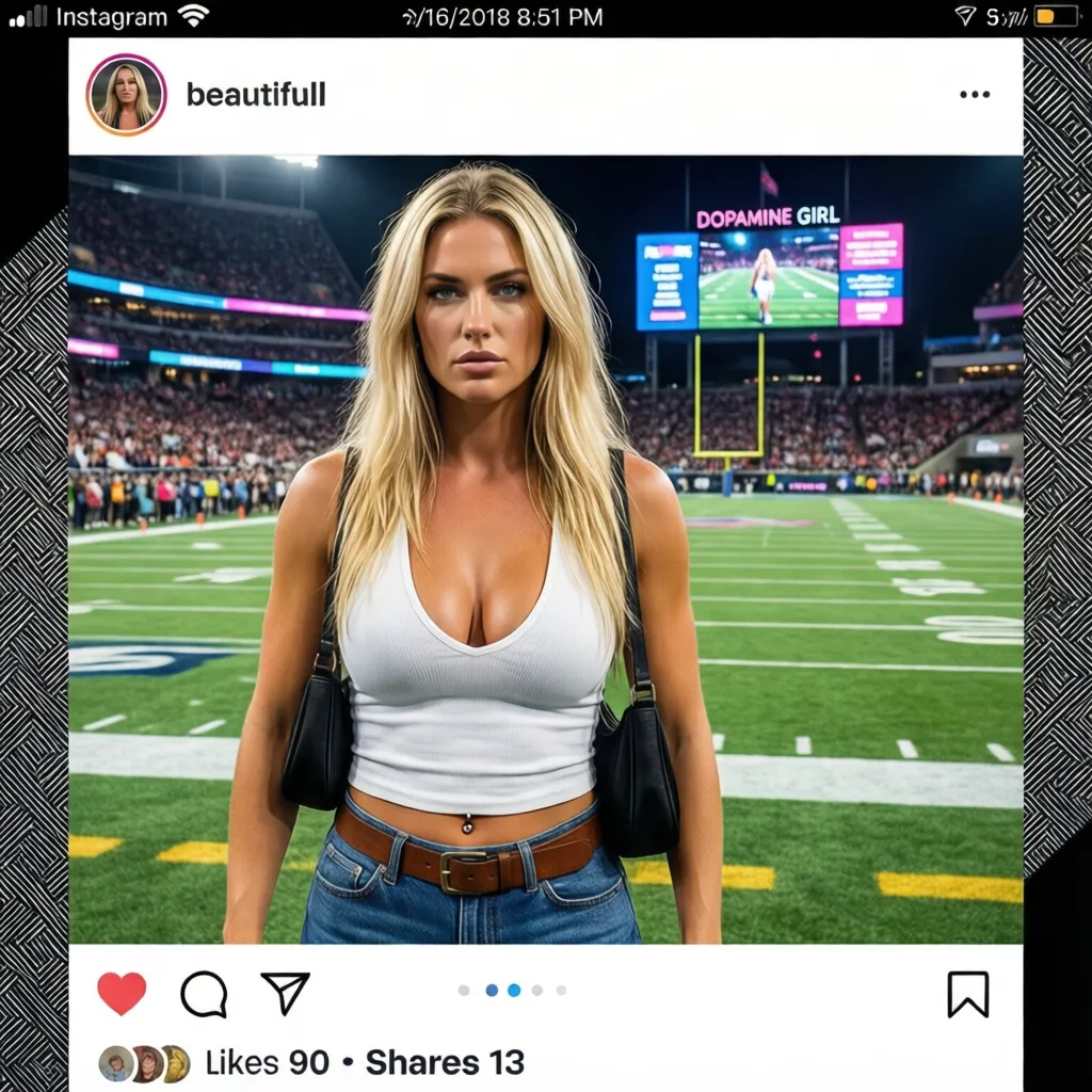 photograph, social media post, Instagram, Dopamine Girl, blonde woman, white tank top, low-cut, revealing cleavage, blue jeans, brown belt, black shoulder bag, standing in football stadium, night game, green grass field, white yard lines, large digital scoreboard in background, crowd in stands, Twitter timestamp 2/16/2018 8:51 PM, user profile picture top left, tweet text "beautifull", post likes 90, shares 13, border with black and white pattern, Dopamine Girl has fair skin, long straight hair, serious expression, athletic build, small belly button piercing, casual style, sports event, modern stadium, vibrant colors, digital medium, realistic photography, social media layout, Twitter interface, clear weather, night lights illuminating stadium.