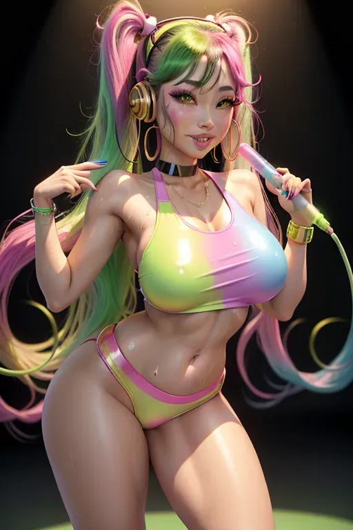 asian, feminine, young, sweaty body, oiled up, pink crop top, green mascara, eyeliner, long curly black hair with green highlights, go go dancer, colorful headphones, photorealistic, high resolution, Eyes half-way open, big grin, lipgloss, shiny lips, big gold hoop earrings, roller skates, at rave party, glow stick necklace, nude from waist down, stripper, very long pigtails