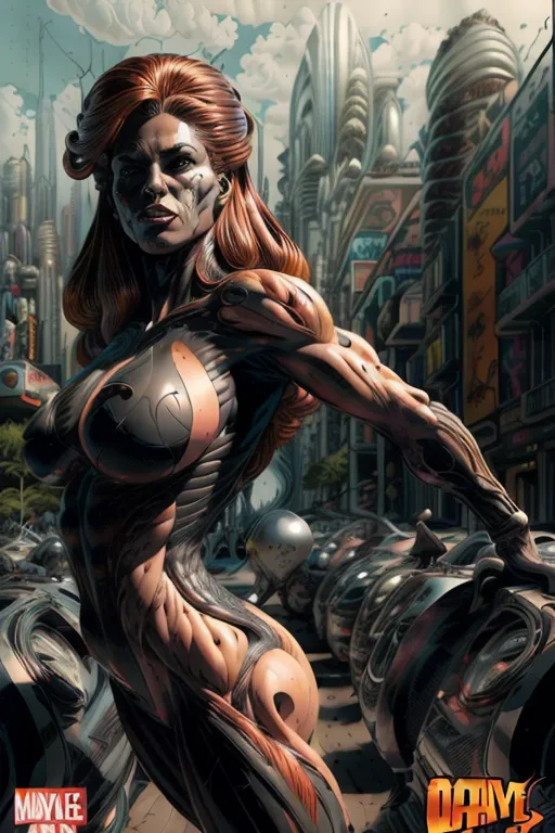 photorealistic and surrealistic film in a comic illustrations style by Mike Deodato, (interesting unique diverse complex character design that is a woman:1.2), (photorealistic detailed face:1.1), (classic stereotypical over tuned retro comics body shape and anatomy),
big variation of colors , smooth pencil brush to create a composition of vivid colors, thick black outlines, flat shading, minimal highlights ,interesting detailed Foreground and background depth are clear giving visual complexity to the scene